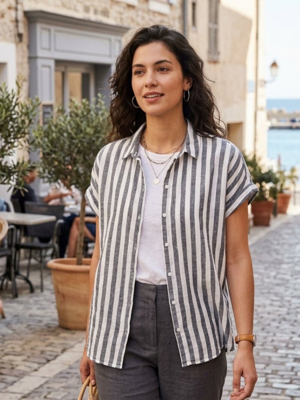 BeachLunchLounge Linen and Cotton Grey and White Striped Blouse